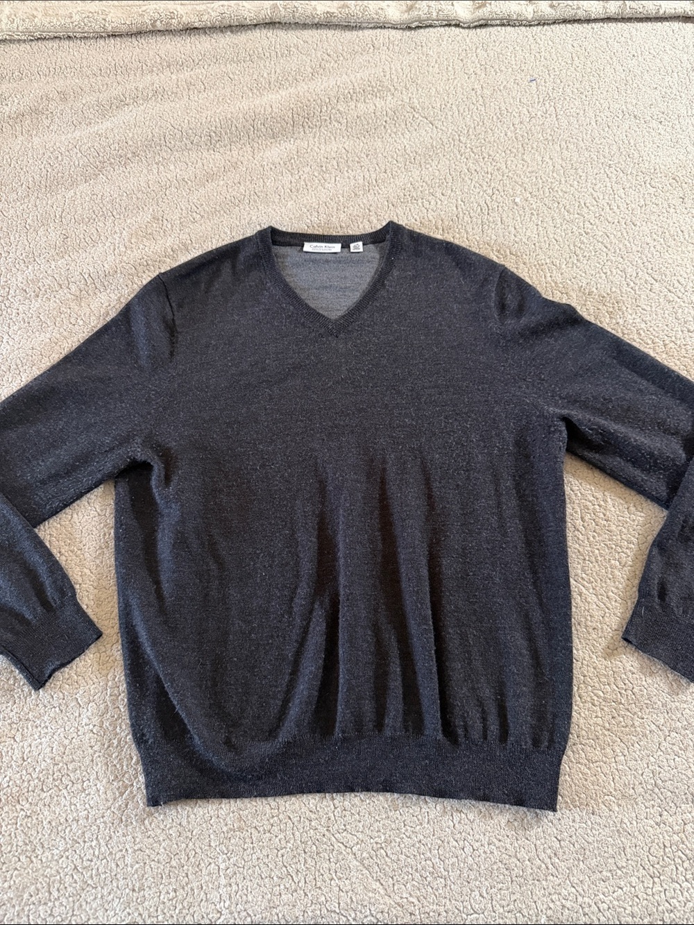 Calvin Klein Men's 100% Extra Fine Merino Wool Dark Charcoal V-Neck Sweater